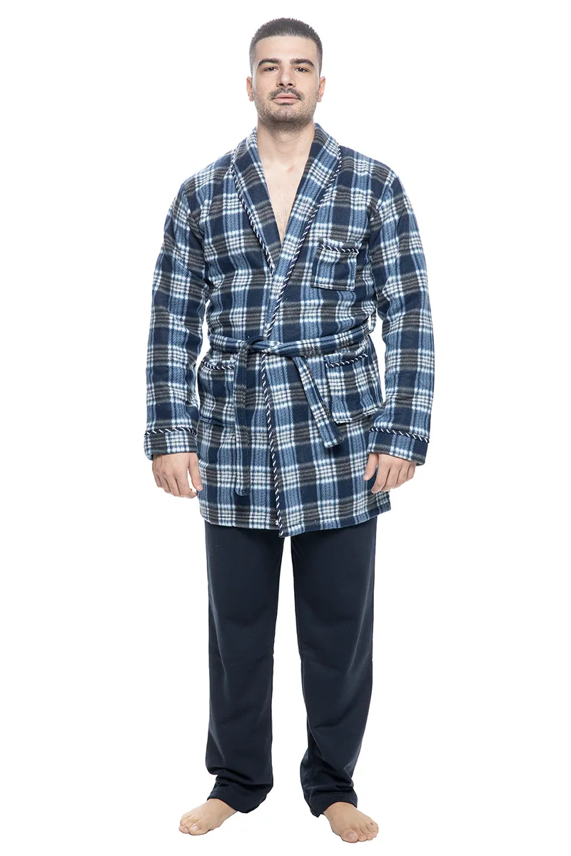 Ανδρική ρόμπα καρό fleece με γιακά και τσέπες-ΠΛΦ266