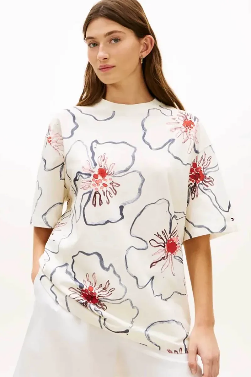 Tommy Hilfiger γυναικείο T-shirt με floral print Oversized Fit - WW0WW48708 Εκρού