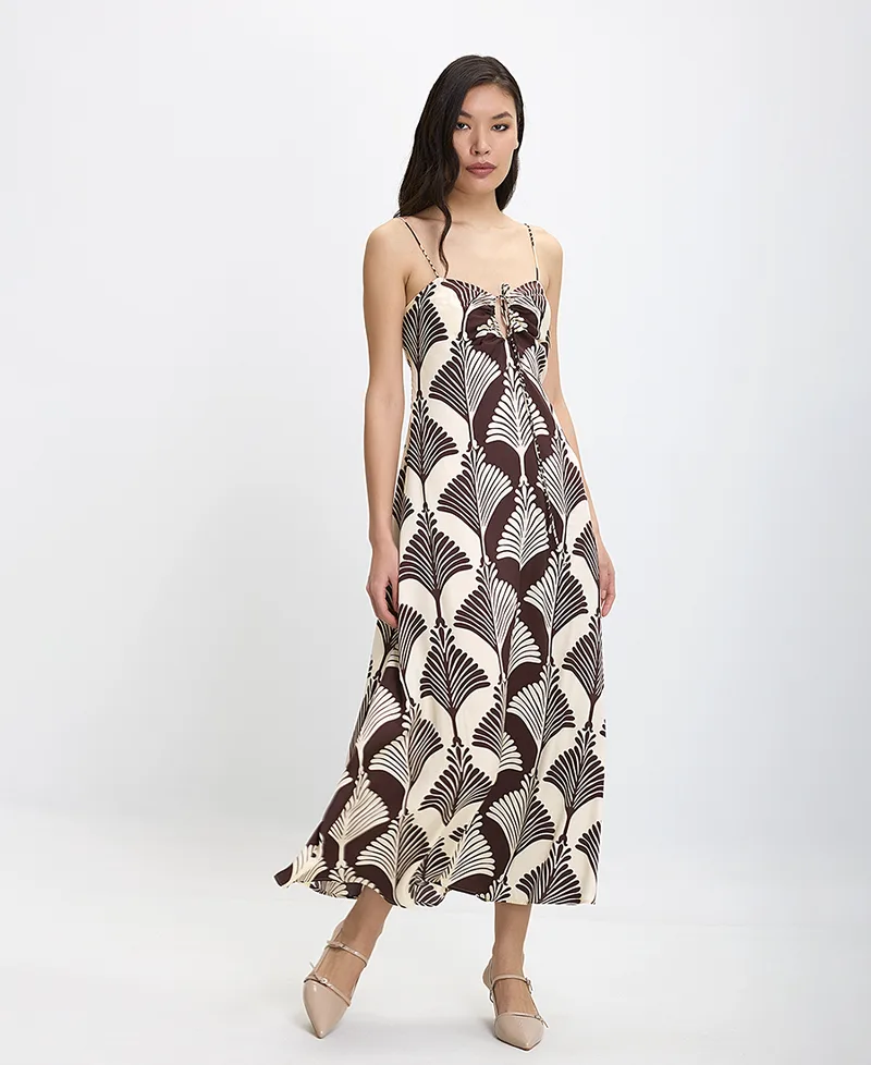 Penny Black Γυναικείο Μακρύ Φόρεμα με Τιράντες και Tropical Print Flowy Fit σε Καφέ
