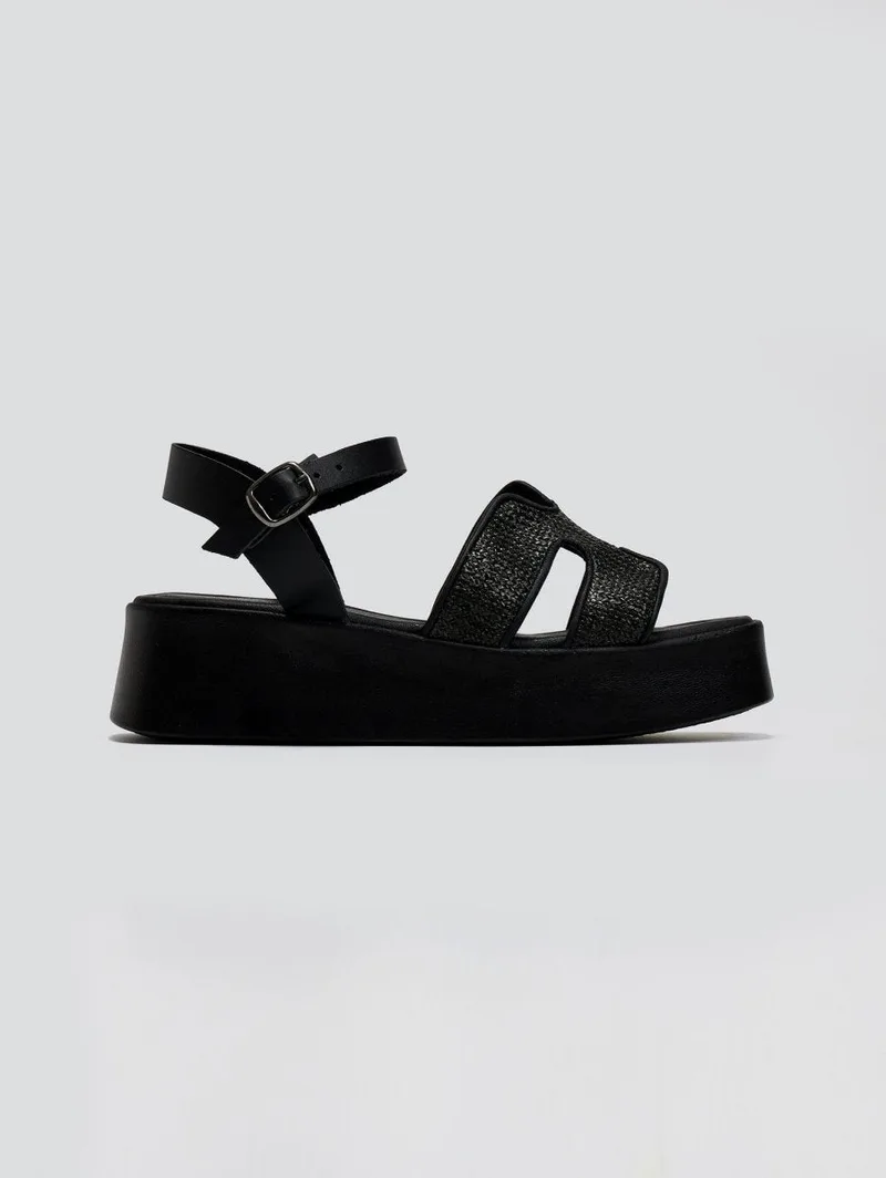 Estil Leather Straw Flatform Sandals - 1212 - Black