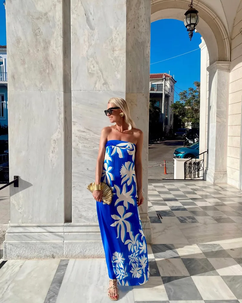 Μάξι φλοράλ strapless φόρεμα