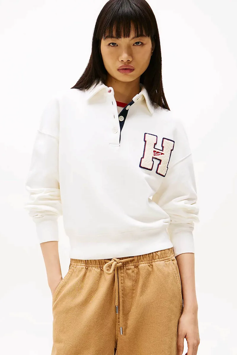 Tommy Jeans γυναικεία μπλούζα φούτερ πόλο με κεντημένο μονόγραμμα - DW0DW20537 Λευκό