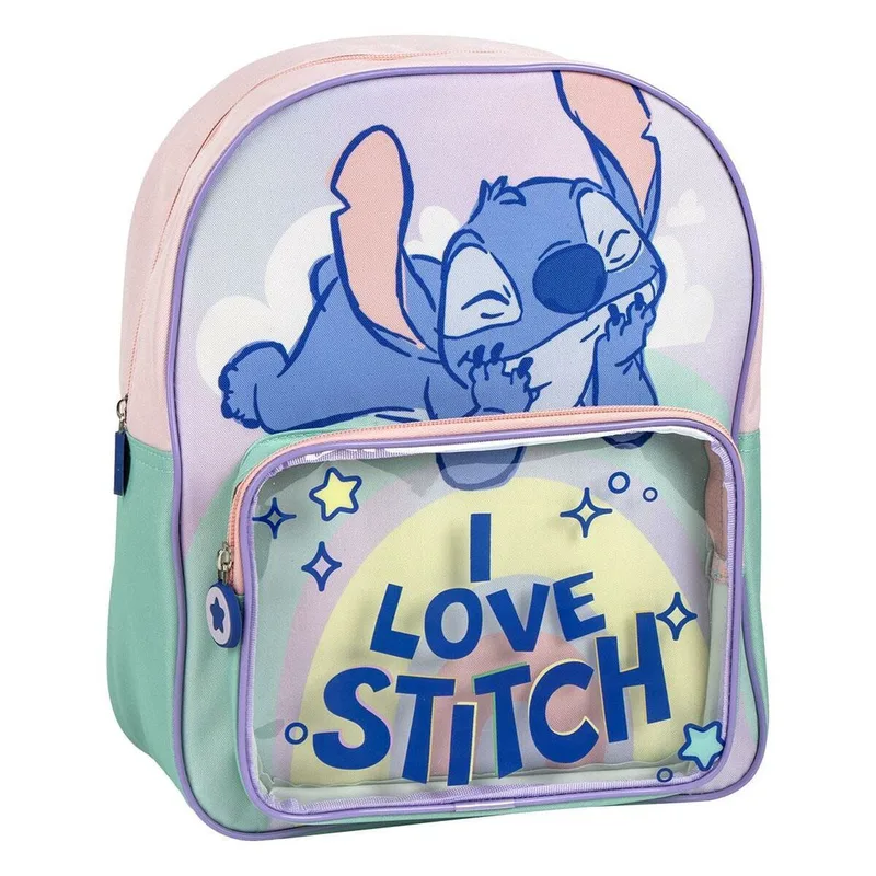 Παιδική Τσάντα Πλάτης 30εκ με Διάφανη Τσέπη I Love Stitch DISNEY Λίλο + Στιτς Λιλά