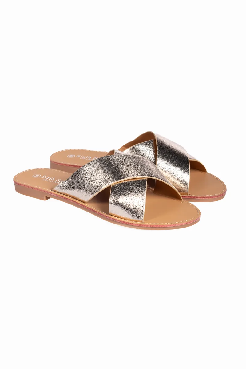 Flat σανδάλια χιαστί με suede υφή - Χρυσό