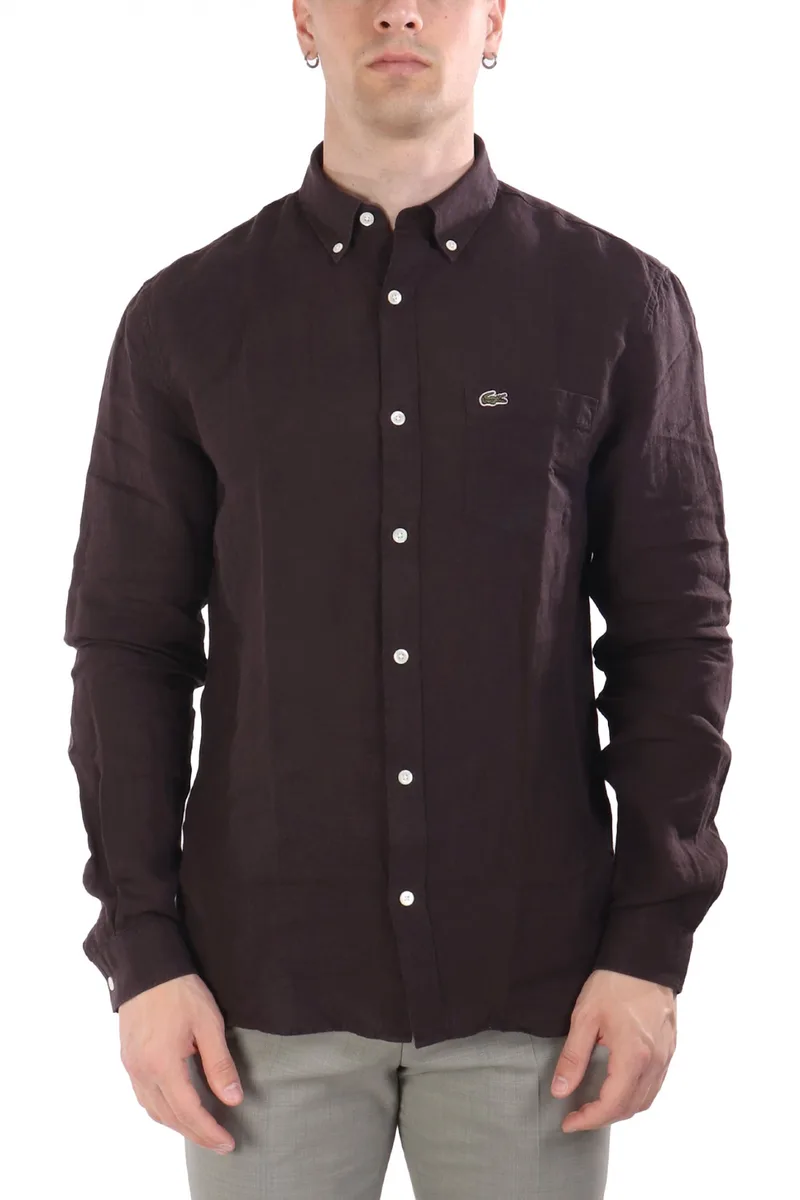 LACOSTE ΠΟΥΚΑΜΙΣΟ BUTTON DOWN ΛΙΝΟ LOGO POCKET ΚΑΦΕ