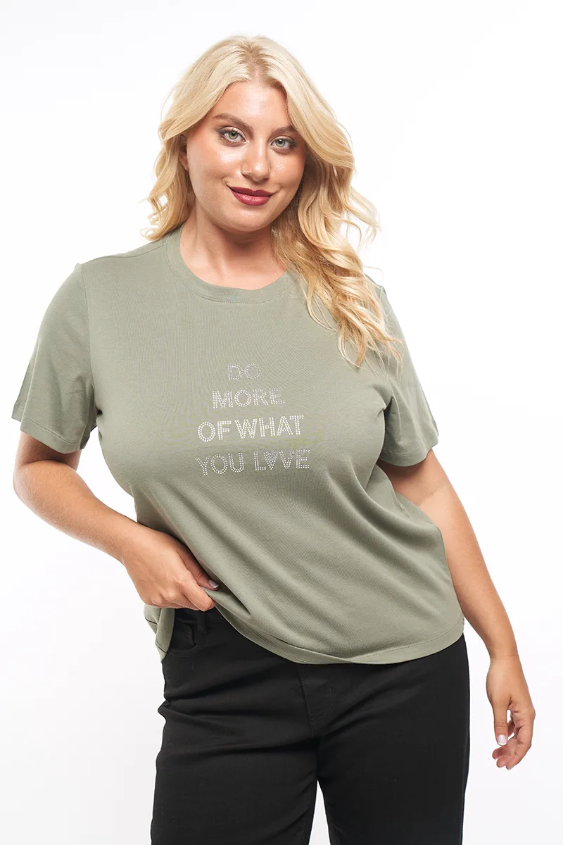 T-shirt με στρας "Do More of What you Love" σε λαδί χρώμα