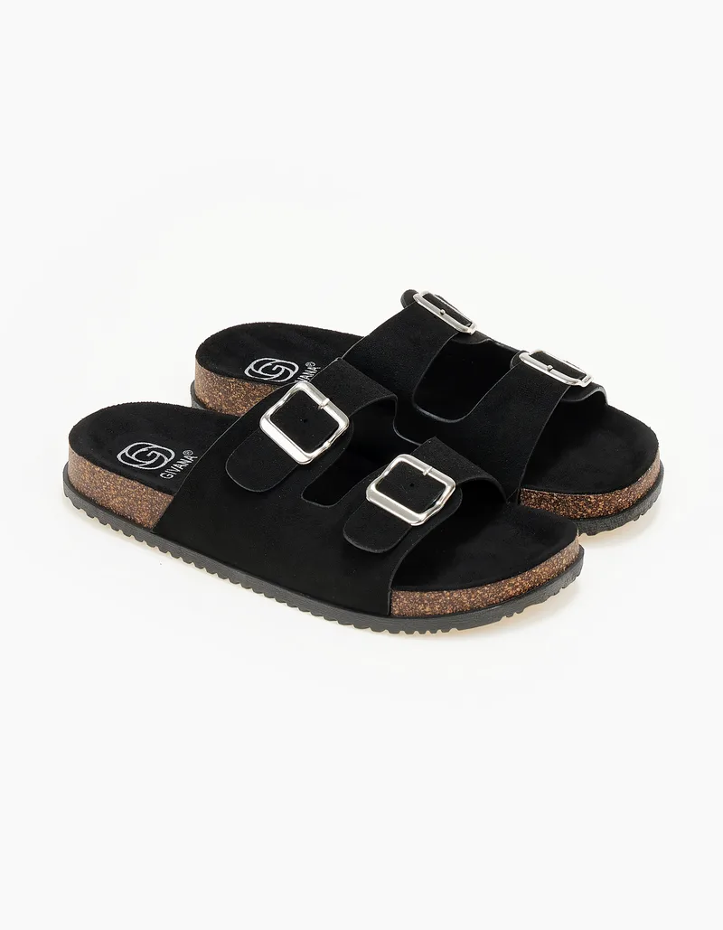 Suede slides με ρυθμιζόμενα ζωνάκια - Μαύρο