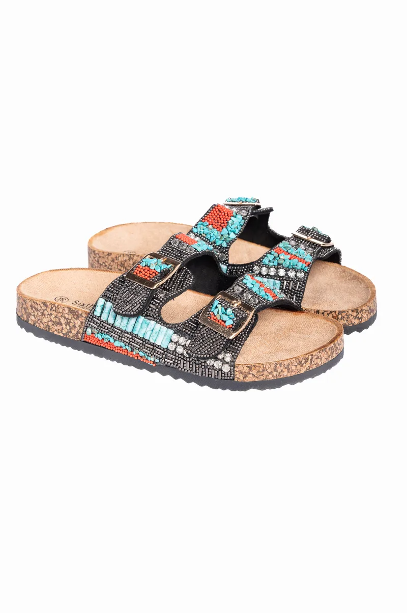 Boho σανδάλια flatform με χάντρες - Μαύρο