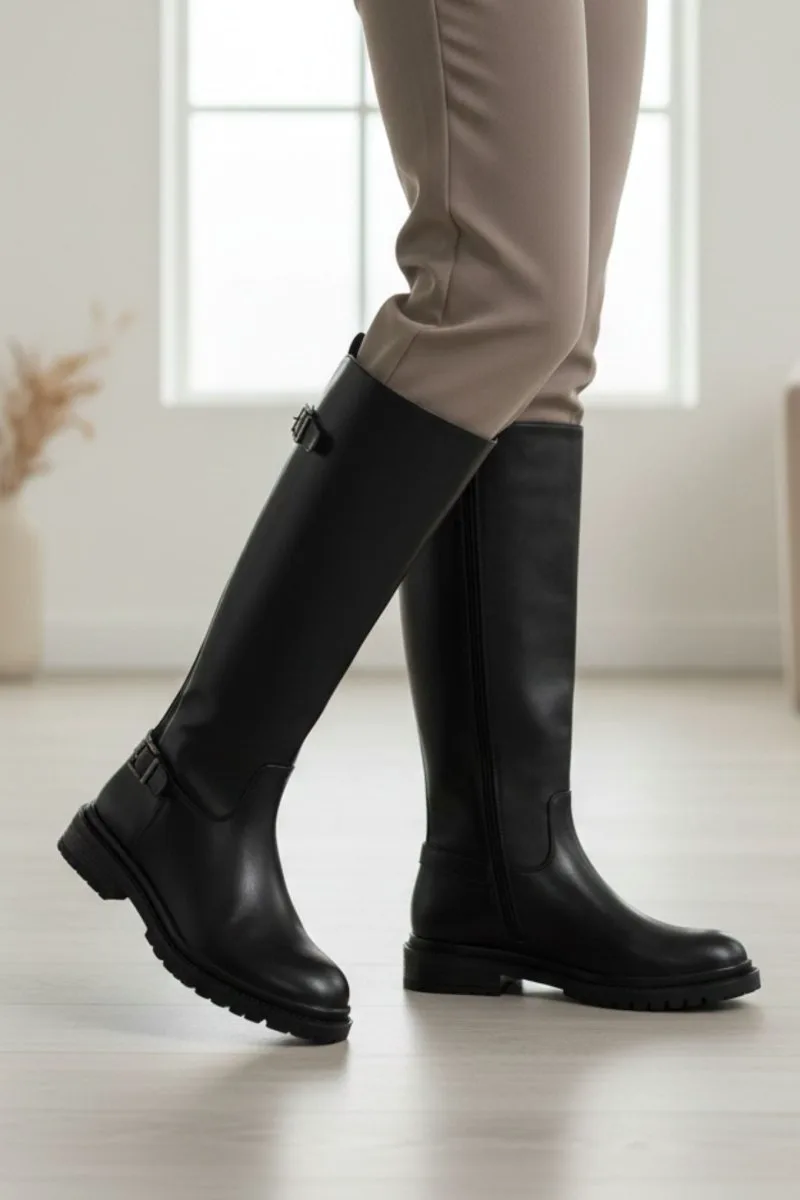 Ideal shoes Flat Boots with Buckle Detail - 6362 - Black Matte