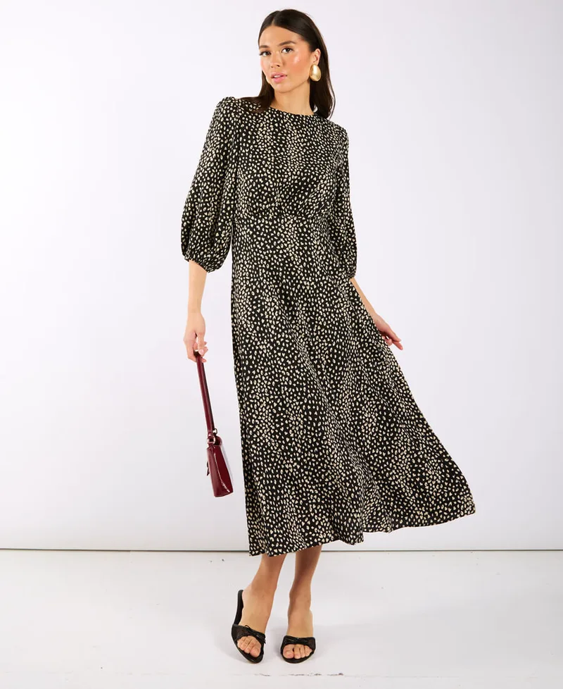 Black Spotty 3/4 Sleeve Midi Dress | Size: 12
