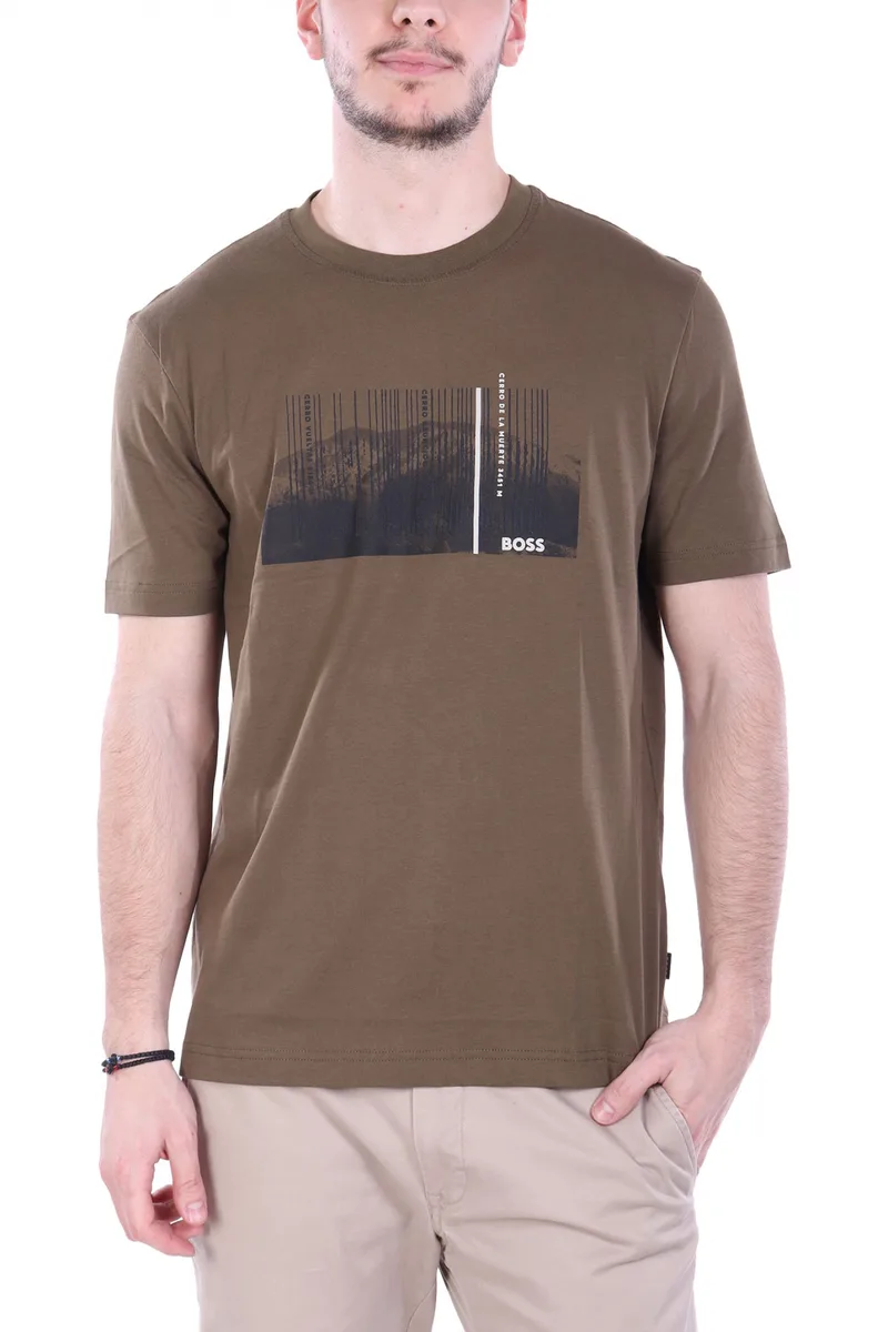 BOSS CASUAL T-SHIRT ΜΕ ΣΤΑΜΠΑ REGULAR FIT TE_INJUNGLE ΛΑΔΙ