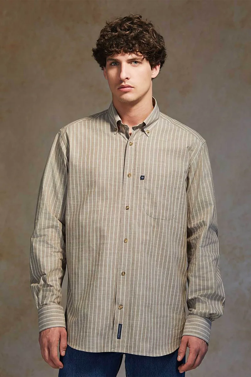 Oxford Company ανδρικό sport πουκάμισο button down ριγέ Regular Fit - F121-BZ10.01 Καφέ Ανοιχτό