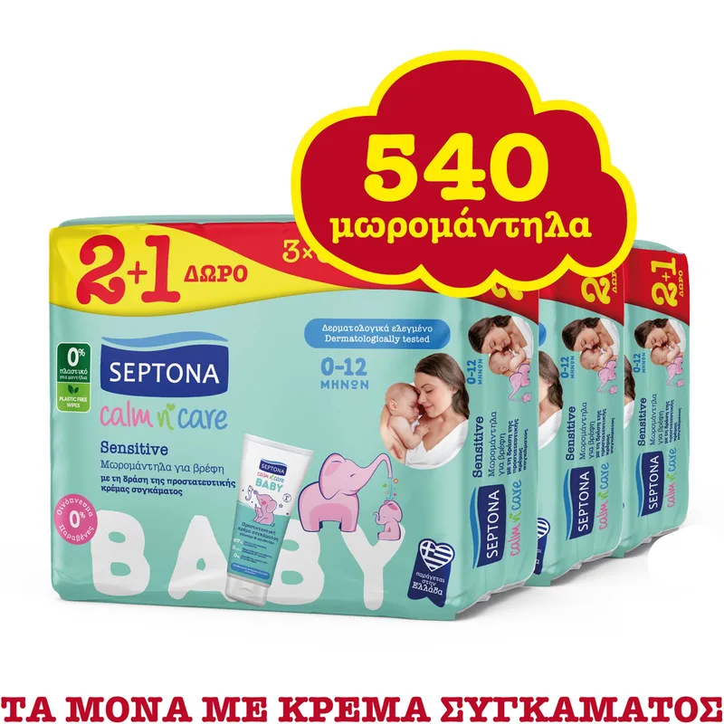Septona Promo Calm n' Care Baby Sensitive Wipes Απαλά Βρεφικά Μωρομάντηλα για την Ευαίσθητη Επιδερμίδα από 0 έως 12 Μηνών, με τη Δράση της Προστατευτικής Κρέμας Συγκάματος 540 Τεμάχια (9x60 Τεμάχια)