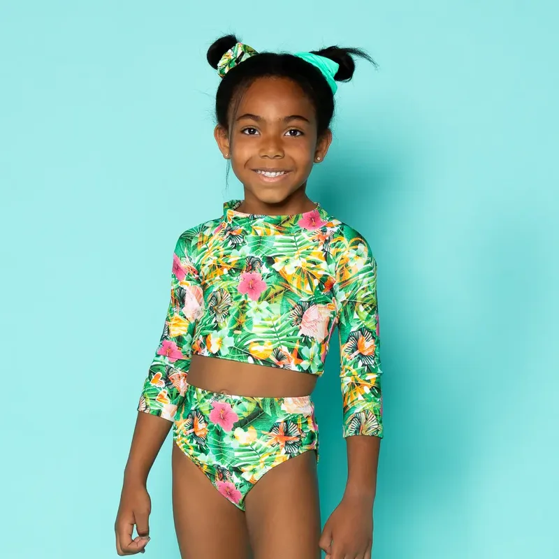 Girl's Long Sleeve Crop Top Bikini Floral
