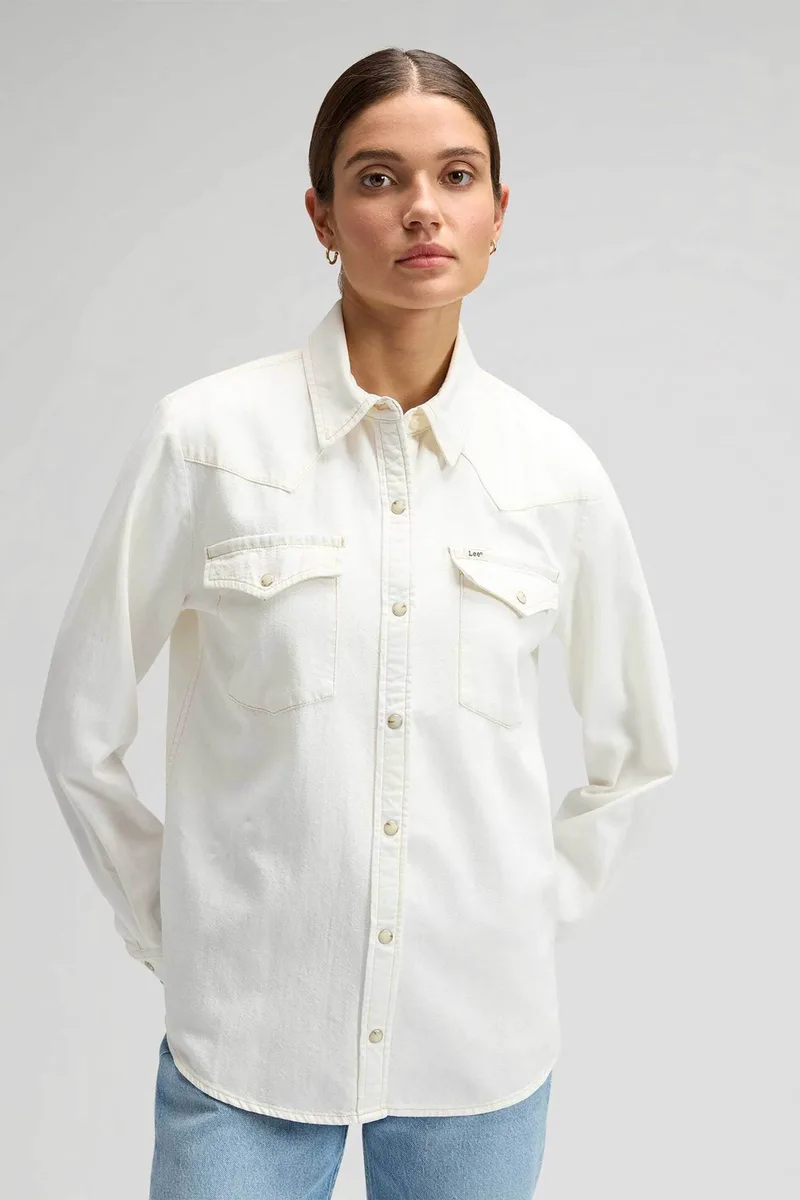Lee® γυναικείο denim overshirt μονόχρωμο με flap τσέπες "Western" - 112376970 Λευκό