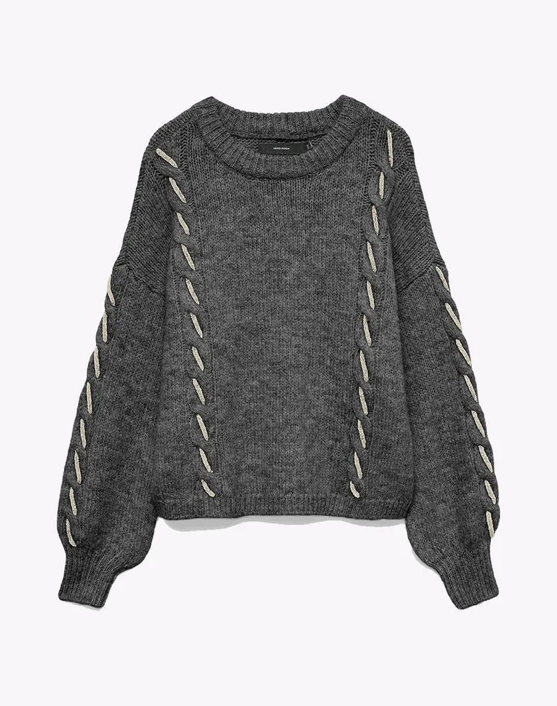VERO MODA VMILINA LS O-NECK HANDSTITCH PULLOVER 10334866-Dark Grey MelangeW.BIRCH DarkSlateGrey