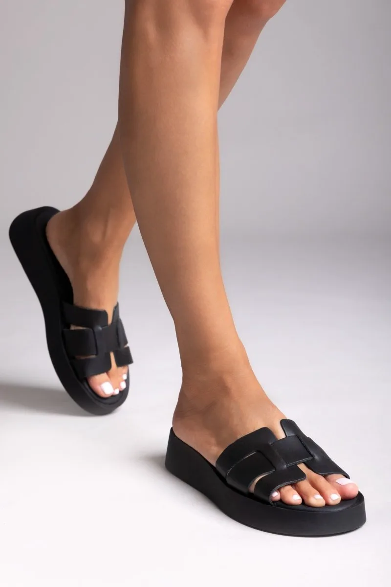 Estil Leather Flatform Sandals Cross Strap - Π-85 - Black