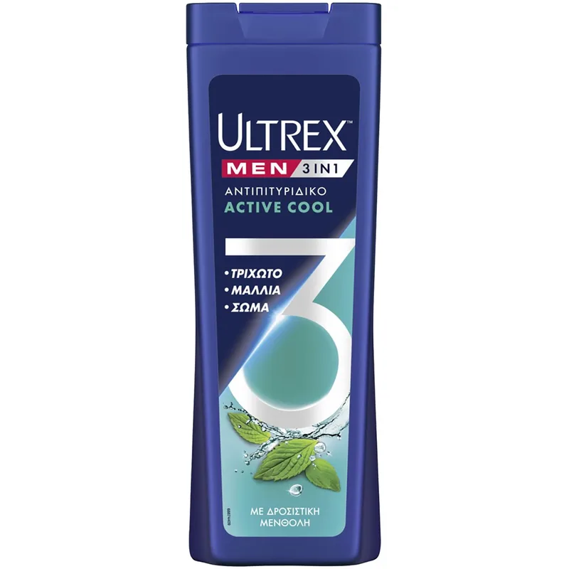 Ultrex Men Men 3 in 1 Shampoo Active Cool Ανδρικό Αντιπιτυριδικό Σαμπουάν,Conditioner & Αφρόλουτρο 3σε1 σε Μορφή Gel με Δροσιστική Μενθόλη 360ml