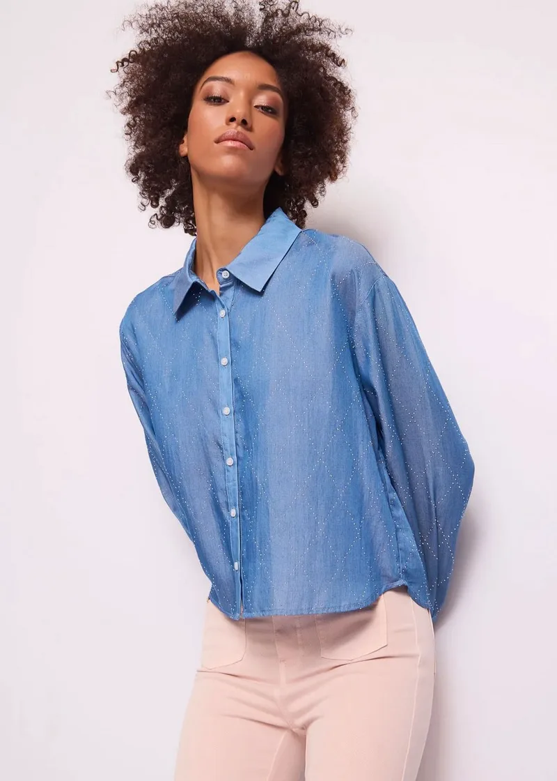 Gaudi Γυναικείο Πουκάμισο Cropped Chambray Με Στρας
