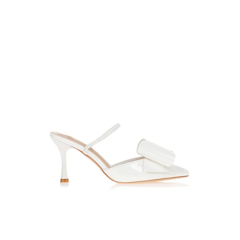 Γόβες λευκές λουστρίνι slingback με φιόγκο ΛΕΥΚΟ
