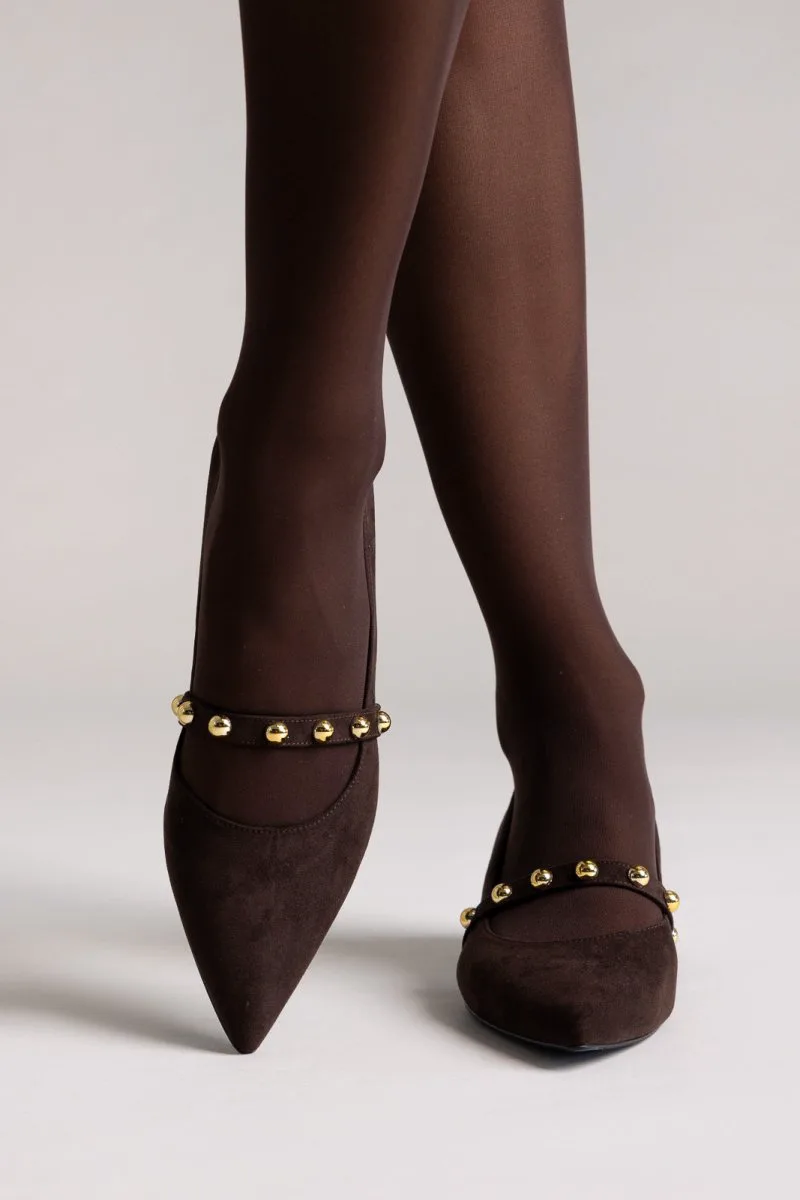TFP Studded Strap Kitten Heel Pumps - 356 - Brown Suede