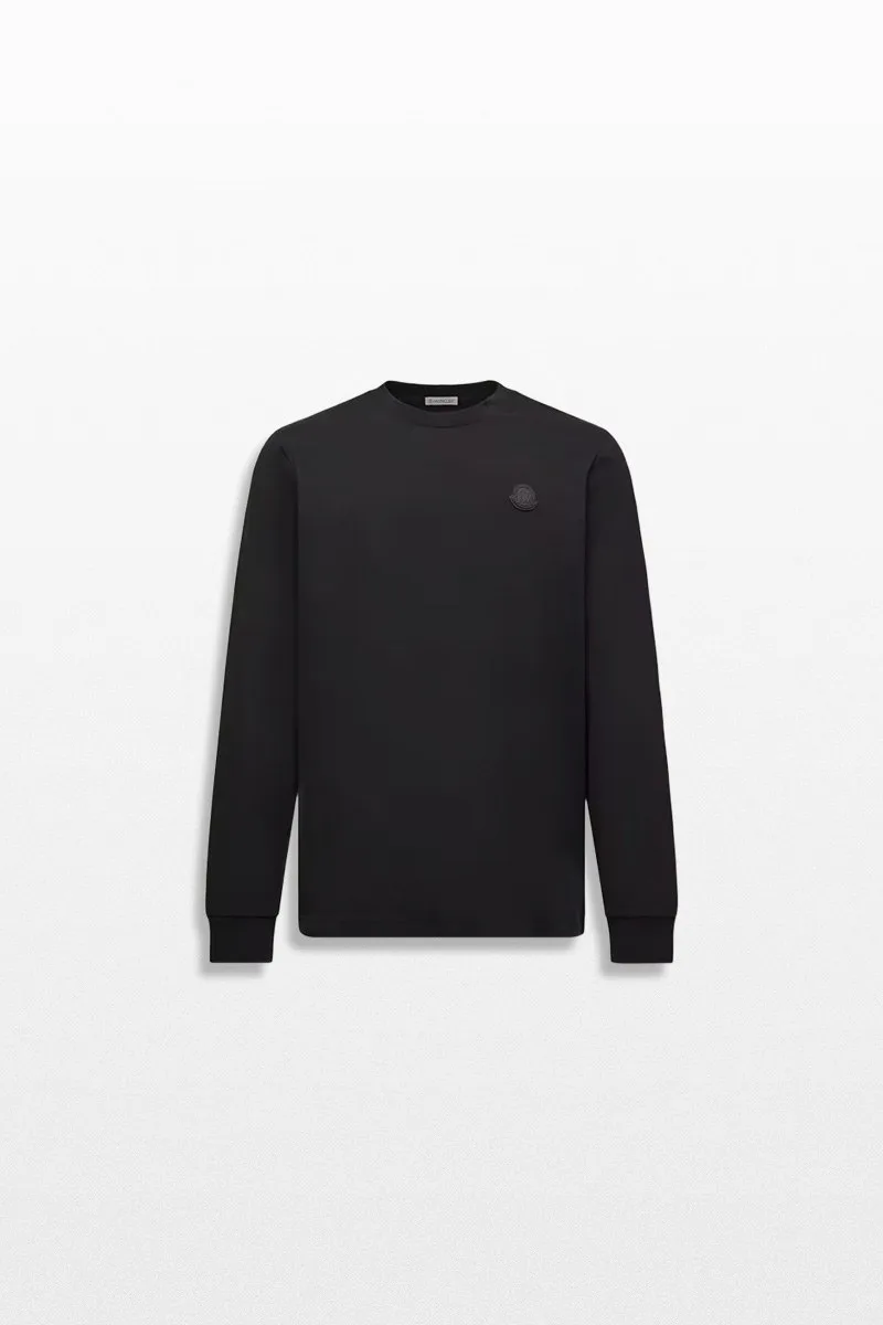 MONCLER Ανδρικό Μαύρο Leather Logo Long Sleeve Cotton T-Shirt