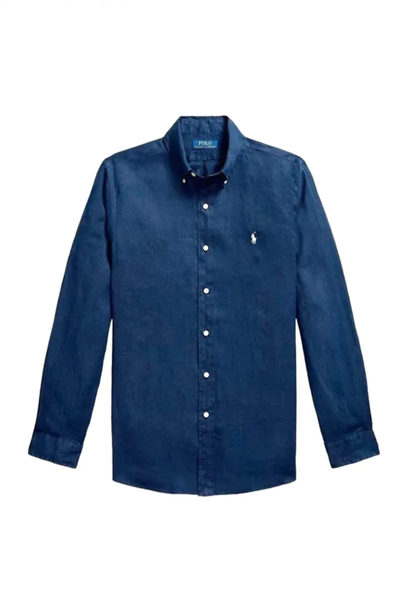 RALPH LAUREN ΠΟΥΚΑΜΙΣΟ ΛΙΝΟ BUTTON DOWN CUSTOM FIT LOGO ΜΠΛΕ