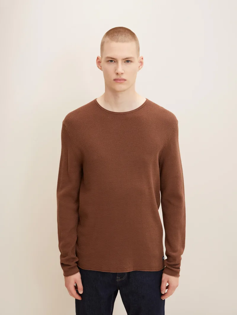 Tom Tailor Ανδρικό Πουλόβερ Zig Zag Structured Crewneck Sweater 1016090-15037 Καφέ