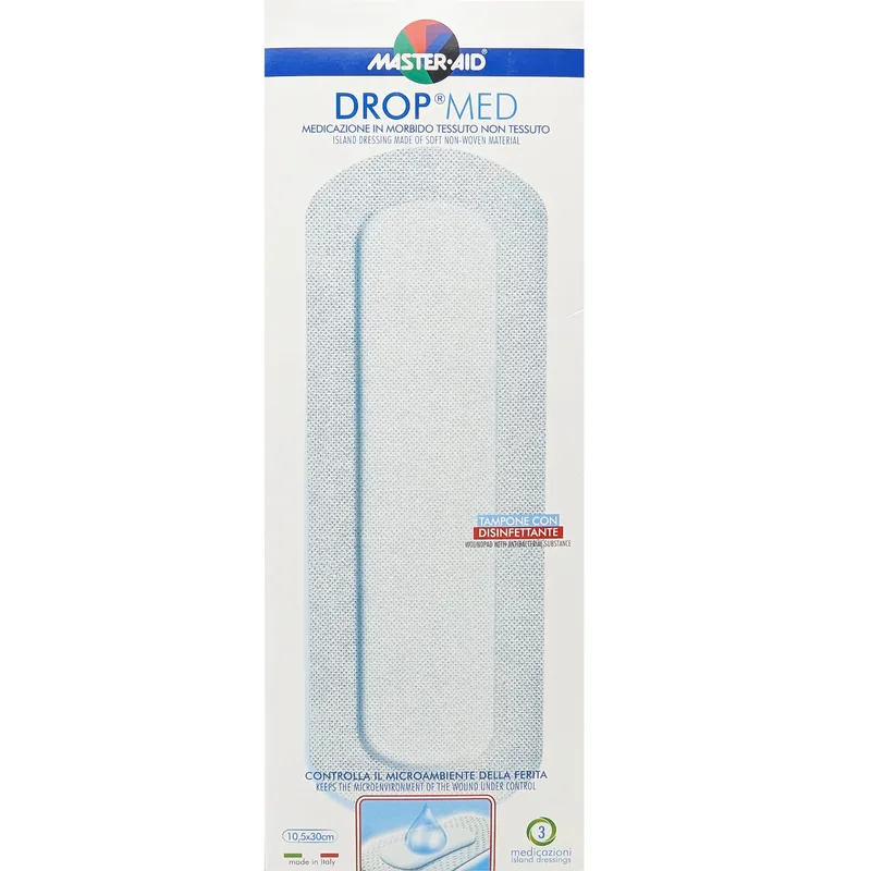 Master Aid Drop Med Woundpad with Antibacterial Substance 10.5x30cm Αυτοκόλλητες, Αντικολλητικές Γάζες Εμποτισμένες με Απολυμαντικό 3 Τεμάχια