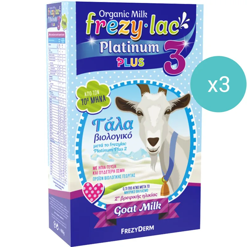 Σετ Frezyderm Frezylac Platinum Plus 3, 10m+ Organinc Goat Milk Βιολογικό Βρεφικό Κατσικίσιο Γάλα σε Σκόνη με Ήπια Γεύση & Ουδέτερη Οσμή από τον 10° Μήνα 1200g (3x400g)