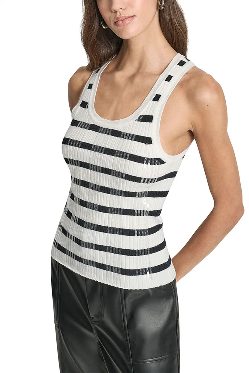 DKNY TANK TOP RIBBED ΡΙΓΕ ΠΑΓΙΕΤΑ ΕΚΡΟΥ-ΜΑΥΡΟ