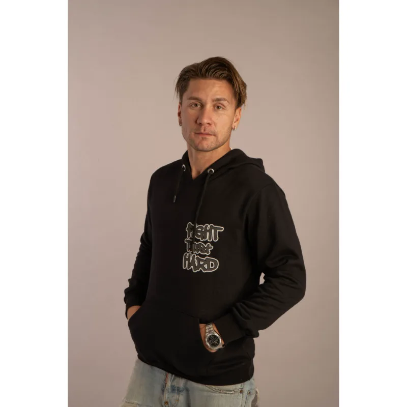 Hoodie φούτερ "Fight,Trust,Hard" της Leo Collection,με back print μεταξοτυπία - Black Rock