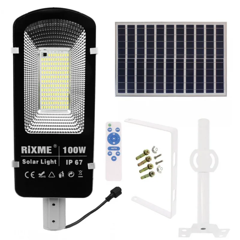 Led Αδιάβροχο Ηλιακό Φωτιστικό Δρόμου 100W 12480LM με Βάση Στήριξης και Τηλεχειριστήριο Rixme RZ-6610