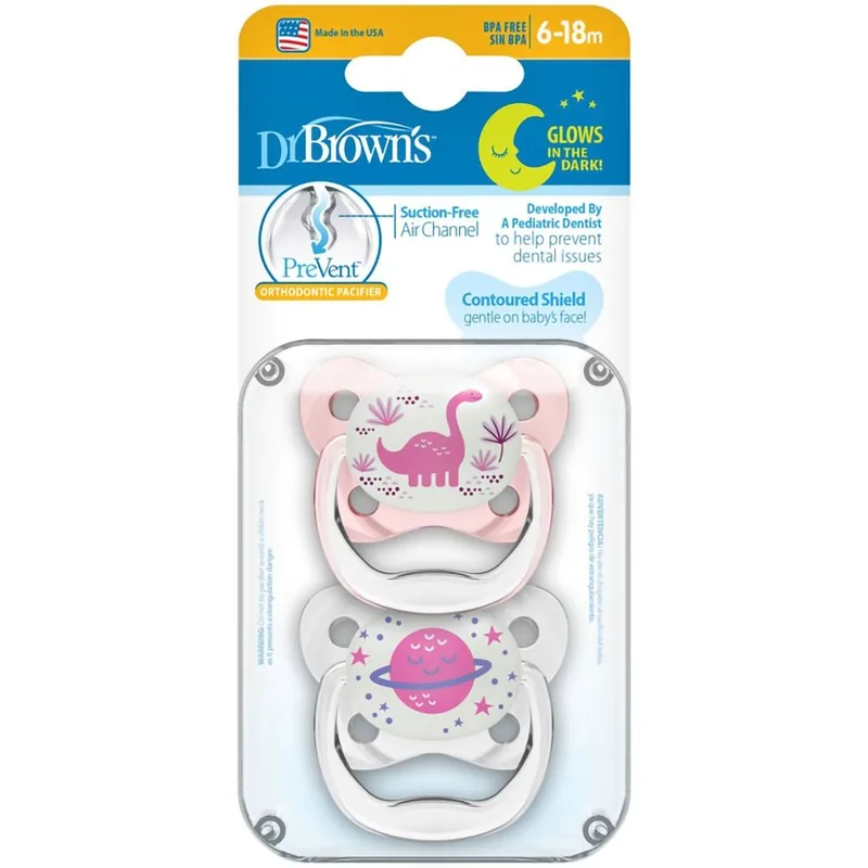 Dr. Brown’s PreVent Glow in the Dark Orthodontic Silicone Soother 6-18m Ορθοδοντική Πιπίλα Σιλικόνης που Λάμπει στο Σκοτάδι 2 Τεμάχια - Ροζ / Διάφανο
