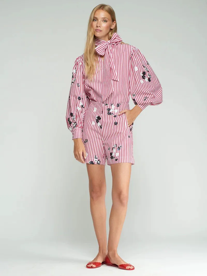 Vilagallo Γυναικείο Σορτς Βαμβακερό Ριγέ Με Floral Print Και Παγιέτες