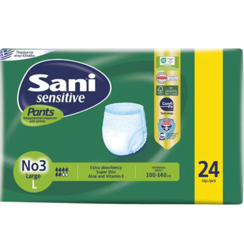 Sani Sensitive Pants Νο3 Large Ελαστικό Εσώρουχο Ακράτειας που Προσφέρουν Αποτελεσματική Προστασία Από Διαρροές & Οσμές 24 Τεμάχια