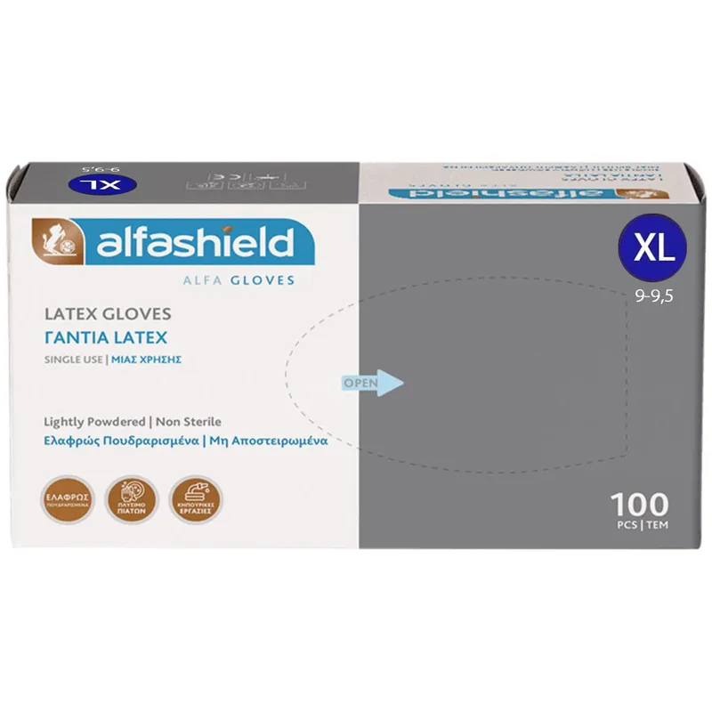 AlfaShield Latex Gloves Εξεταστικά Γάντια Ελαφρώς Πουδραρισμένα & μη Αποστειρωμένα 100 Τεμάχια - Extra Large