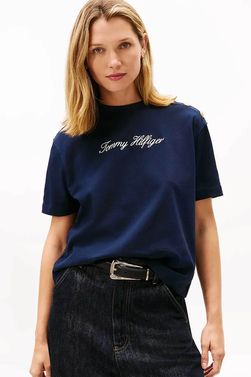 Tommy Hilfiger γυναικείο T-shirt με κεντημένο λογότυπο και χρυσά κουμπιά στον ώμο Relaxed Fit - WW0WW47819 Μπλε Σκούρο