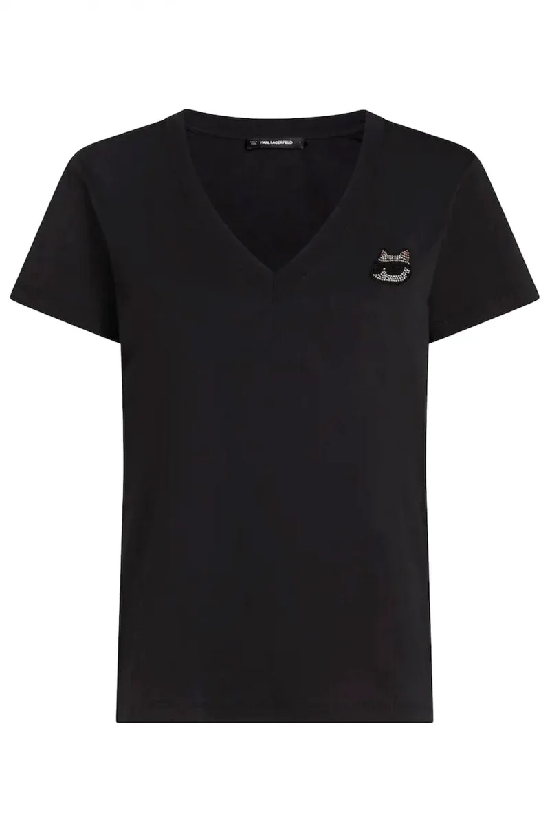 KARL LAGERFELD T-SHIRT IKON RS V-NECK REGULAR FIT LOGO ΣΤΡΑΣ ΜΑΥΡΟ