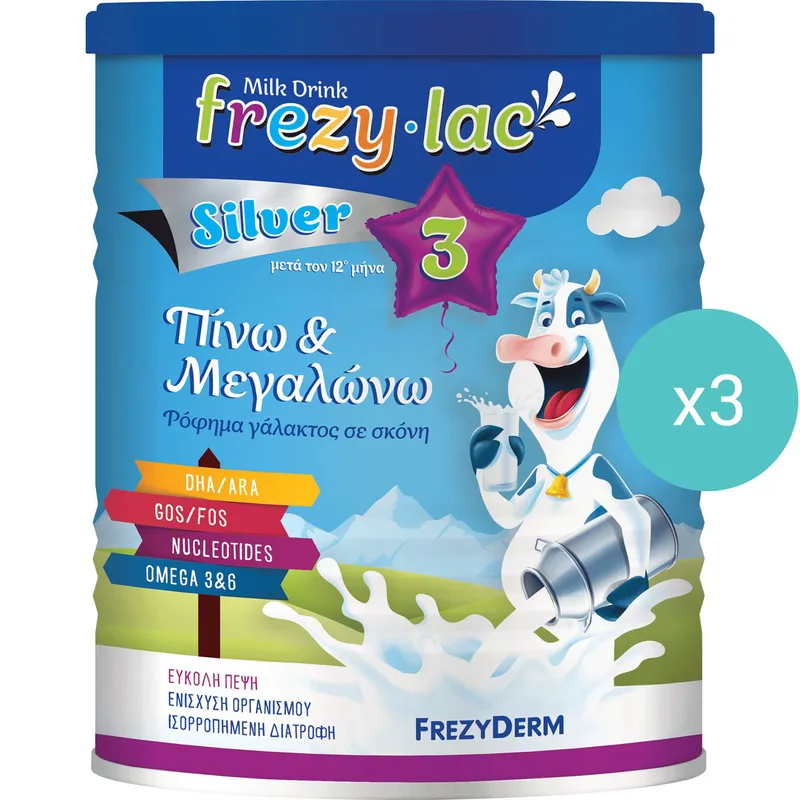 Σετ Frezyderm Frezylac Silver 3 Αγελαδινό Γάλα σε Σκόνη 3ης Βρεφικής Ηλικίας Μετά τον 12ο Μήνα 1200g (3x400g)