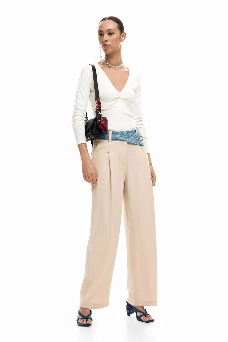 Desigual γυναικείο παντελόνι με ζώνη Wide Fit "Isis" - 26SWPW28 Μπεζ