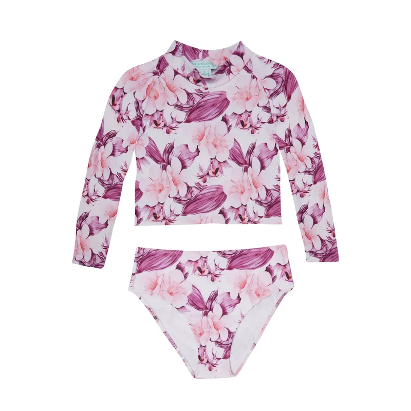 GIRL'S LONG SLEEVE CROP TOP BIKINI FLOWERS