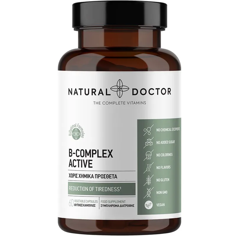 Natural Doctor B-Complex Active Συμπλήρωμα Διατροφής Συμπλέγματος Βιταμινών Β για την Καλή Λειτουργία του Νευρικού Συστήματος, Κατά της Κούρασης & Κόπωσης για Αυξημένη Νοητική Επίδοση 60veg.caps