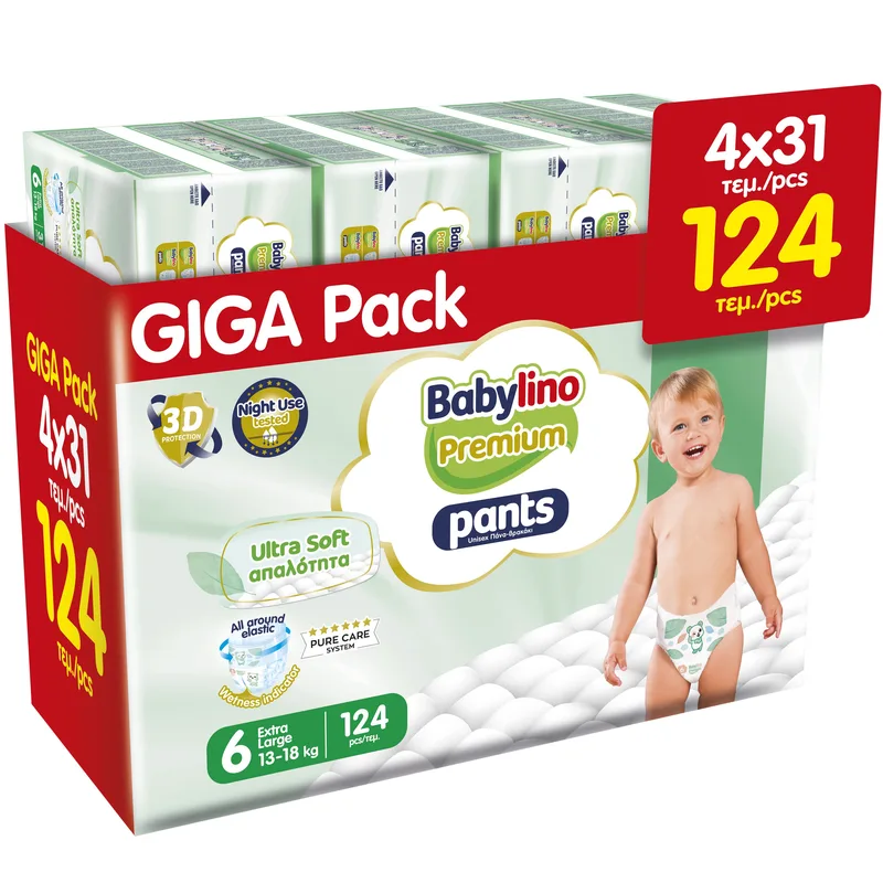 Σετ Babylino Premium Ultra Soft Pants Νο6 Extra Large (13-18kg) 124 Τεμάχια (4x31 Τεμάχια)