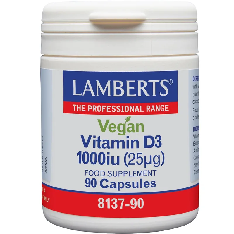 Lamberts Vegan Vitamin D3 Συμπλήρωμα Διατροφής με Βιταμίνη D3 για την Καλή λειτουργία των Οστών & Ανοσοποιητικού Ειδικά Σχεδιασμένο για Χορτοφάγους 1000iu, 90caps