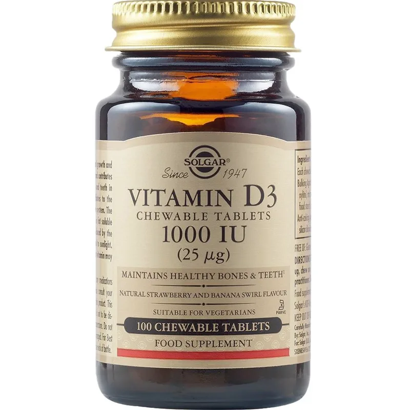 Solgar Vitamin D3 1000IU Συμπλήρωμα Διατροφής Βιταμίνης D3 για την Καλή Λειτουργία των Οστών & Ανοσοποιητικού με Γεύση Φράουλα & Μπανάνα 100 Chew.tabs