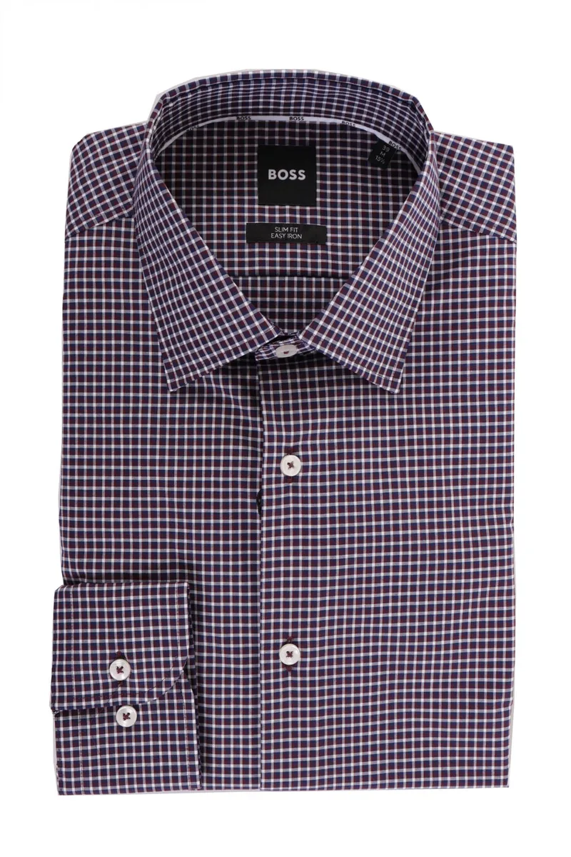 BOSS ΠΟΥΚΑΜΙΣΟ ΜΙΚΡΟΣΧΕΔΙΟ SLIM FIT EASY IRON STRETCH H-HANK-KENT-C1-214 ΜΠΟΡΝΤΩ