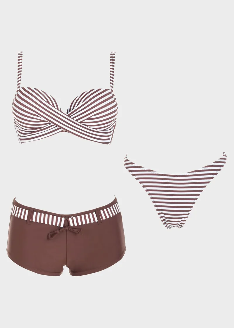 Set bikini με ρίγες push up boxer και string. Καλύπτει B Cup. 3 pack ΚΑΦΕ