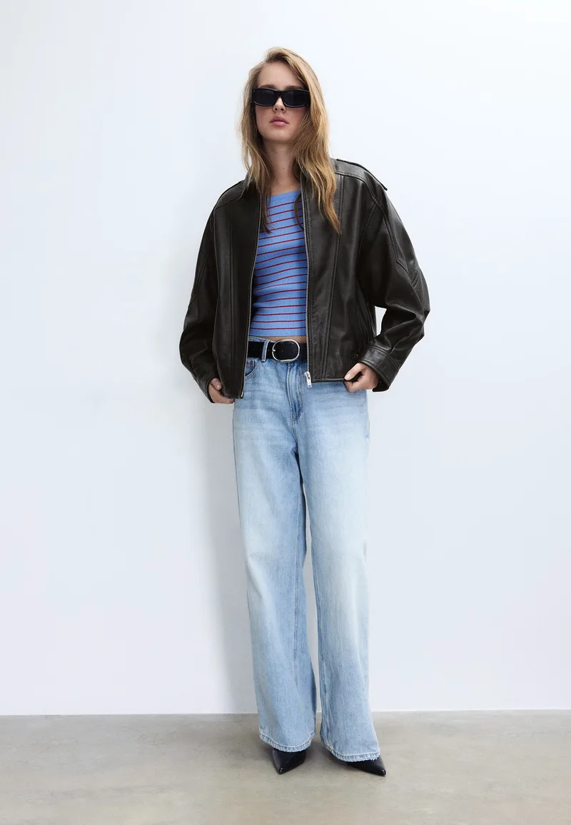 Stradivarius Oversize Δερμάτινο Τζάκετ Μαύρο L