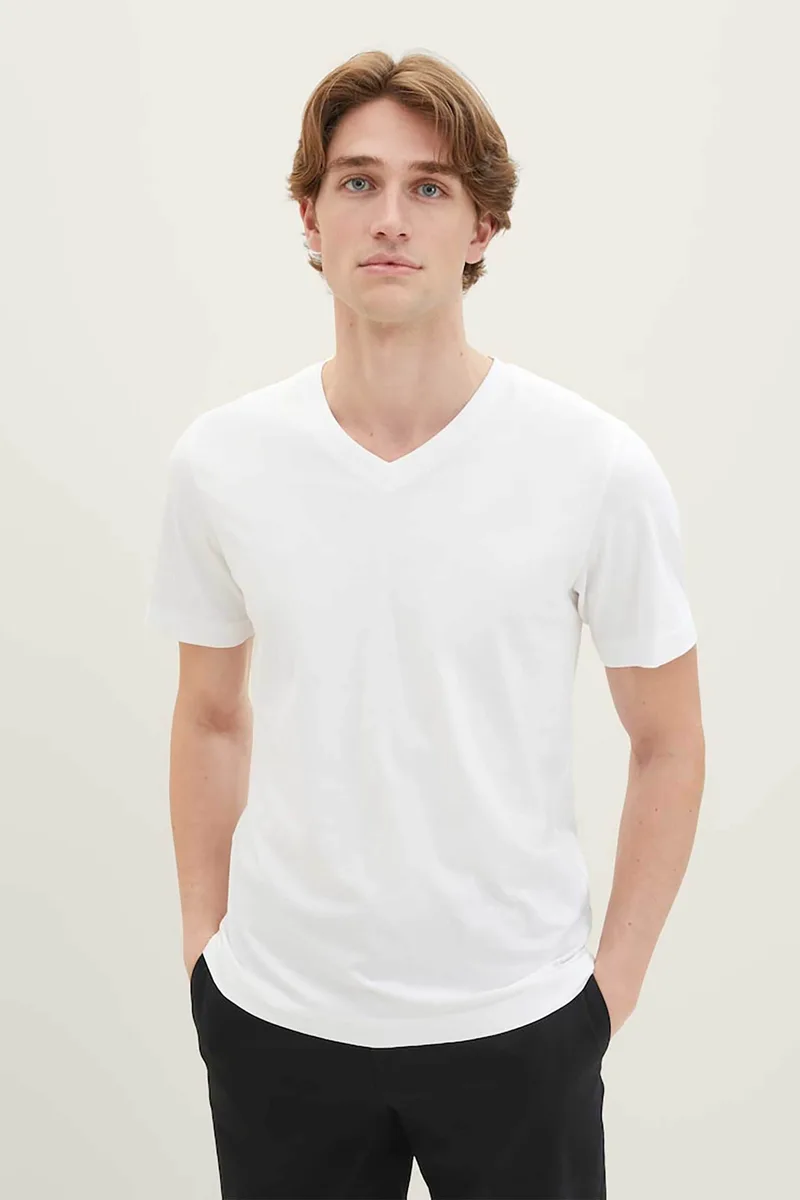 Tom Tailor σετ ανδρικά T-shirt μονόχρωμα με v λαιμόκοψη (2 τεμάχια) - 1037738 Λευκό